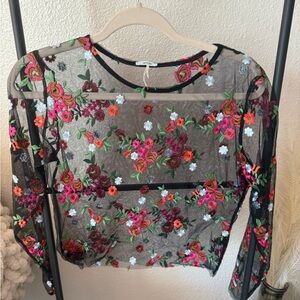 Floral mesh long sleeve crop top